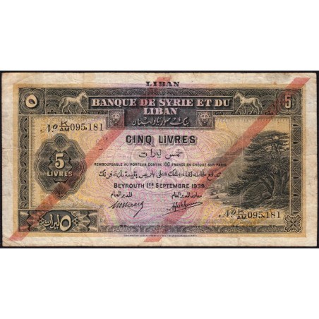Liban - Pick 27b - 5 livres - Série K/AM - 01/09/1939 - Etat : TB