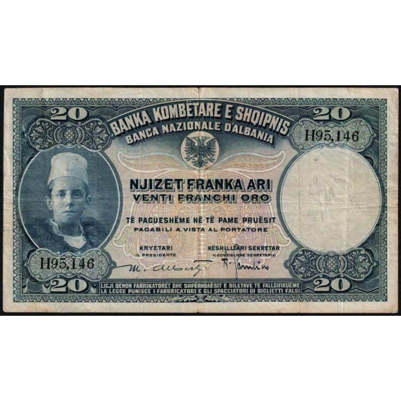 Albanie - Pick 3a - 20 franka ari - Série H - 1926 - Etat : TTB-