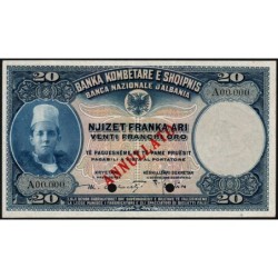 Albanie - Pick 3s - 20 franka ari - Série A - 1926 - Spécimen - Etat : SUP+ à SPL