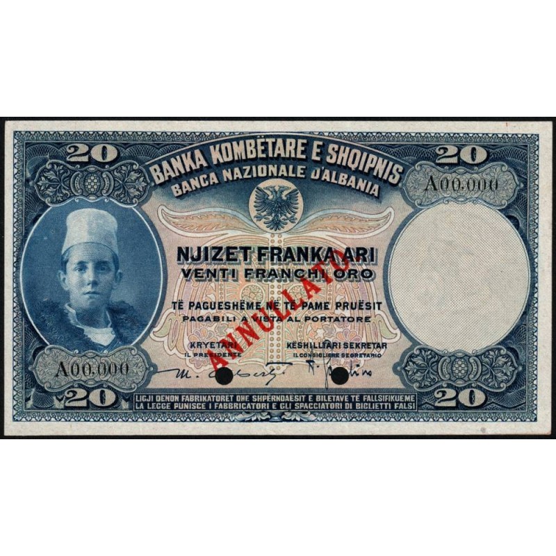 Albanie - Pick 3s - 20 franka ari - Série A - 1926 - Spécimen - Etat : SUP+ à SPL