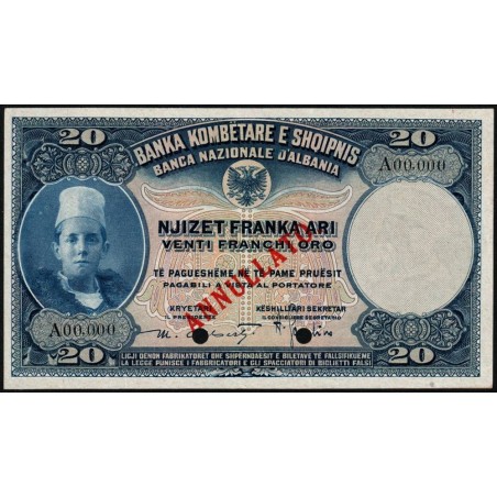 Albanie - Pick 3s - 20 franka ari - Série A - 1926 - Spécimen - Etat : SUP+ à SPL