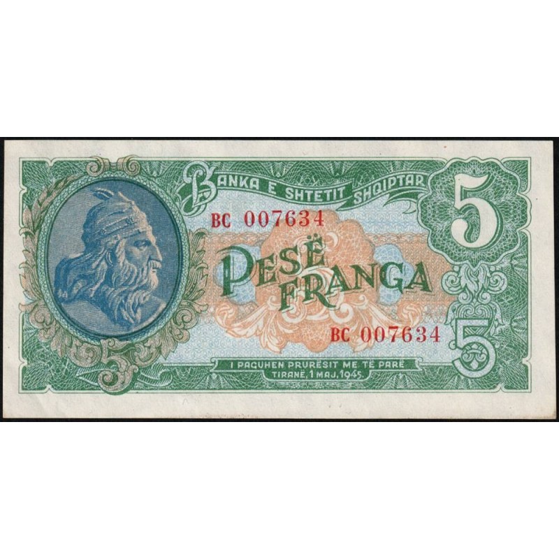 Albanie - Pick 15 - 5 franga - Série BC - 01/05/1945 - Etat : SPL+