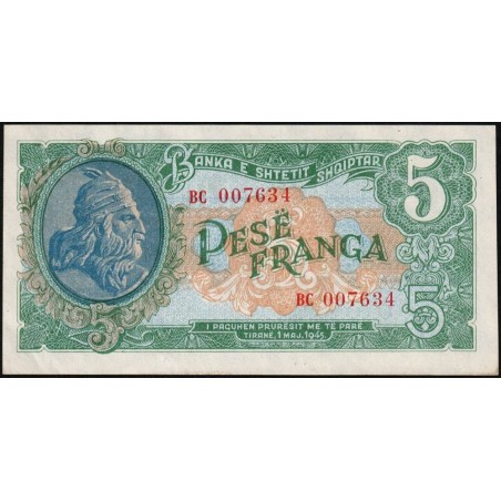 Albanie - Pick 15 - 5 franga - Série BC - 01/05/1945 - Etat : SPL+