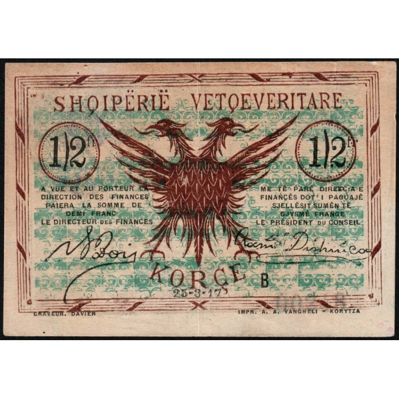 Albanie - Pick S 143b - 1/2 franc - Série B - 25/03/1917 - Etat : SUP