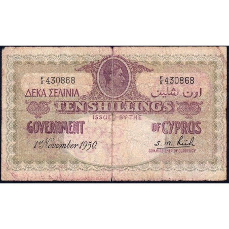 Chypre - Pick 23_9 - 10 shillings mils - Série F/8 - 01/11/1950 - Etat : B+