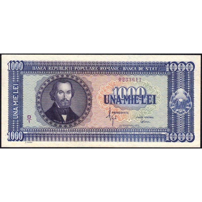 Roumanie - Pick 87 - 1'000 lei - Série D/1 - 20/09/1950 - Etat : NEUF