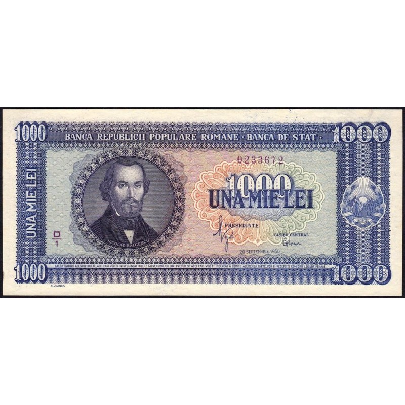 Roumanie - Pick 87 - 1'000 lei - Série D/1 - 20/09/1950 - Etat : pr.NEUF