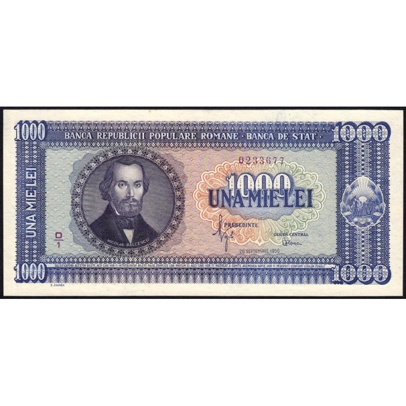 Roumanie - Pick 87 - 1'000 lei - Série D/1 - 20/09/1950 - Etat : NEUF