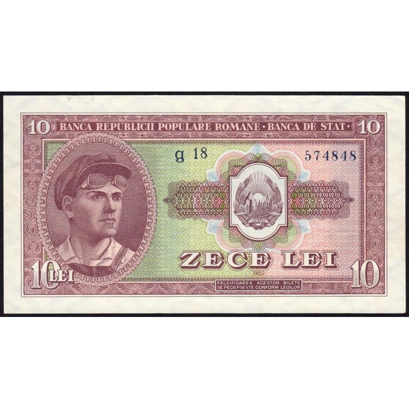 Roumanie - Pick 88b - 10 lei - Série g 18 - 1952 - Etat : SUP+