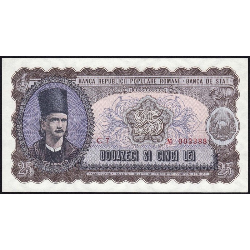 Roumanie - Pick 89a - 25 lei - Série C 7 - 1952 - Etat : NEUF