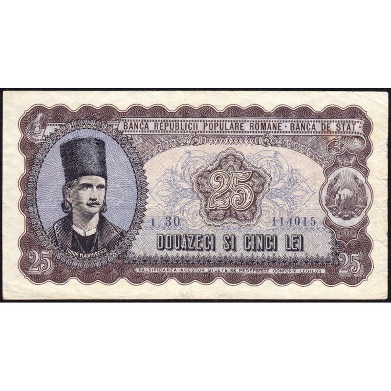 Roumanie - Pick 89b - 25 lei - Série t 30 - 1952 - Etat : TB