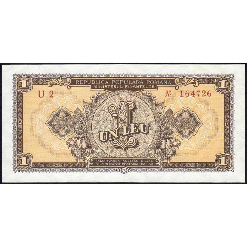 Roumanie - Pick 81a - 1 leu - Série U 2 - 1952 - Etat : NEUF