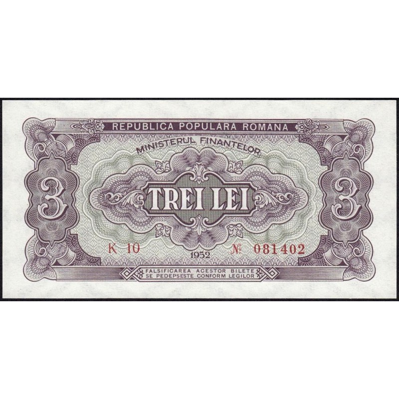 Roumanie - Pick 82a - 3 lei - Série K 10 - 1952 - Etat : NEUF