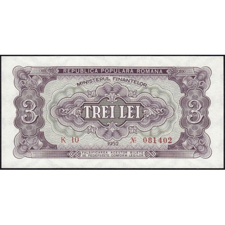 Roumanie - Pick 82a - 3 lei - Série K 10 - 1952 - Etat : NEUF