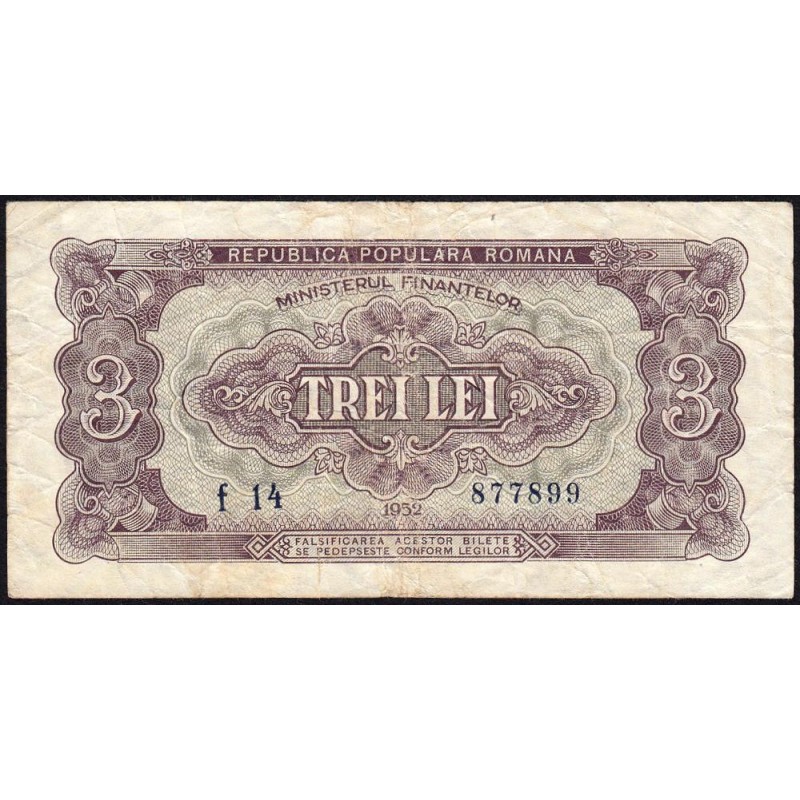 Roumanie - Pick 82b - 3 lei - Série f 14 - 1952 - Etat : TB