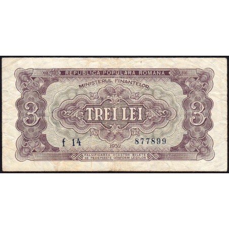 Roumanie - Pick 82b - 3 lei - Série f 14 - 1952 - Etat : TB