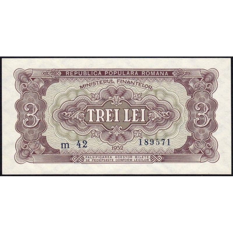Roumanie - Pick 82b - 3 lei - Série m 42 - 1952 - Etat : NEUF