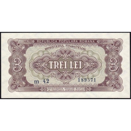 Roumanie - Pick 82b - 3 lei - Série m 42 - 1952 - Etat : NEUF