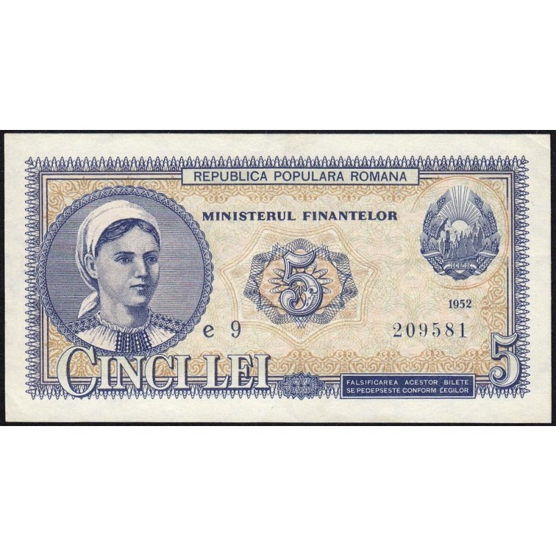 Roumanie - Pick 83b - 5 lei - Série e 9 - 1952 - Etat : SUP