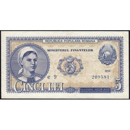 Roumanie - Pick 83b - 5 lei - Série e 9 - 1952 - Etat : SUP