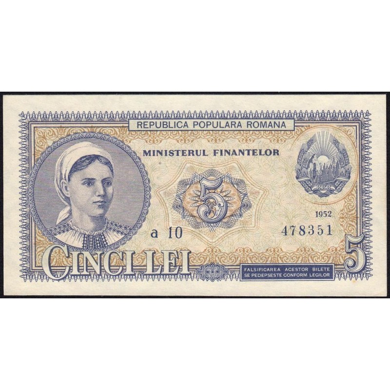 Roumanie - Pick 83b - 5 lei - Série a 10 - 1952 - Etat : SPL+