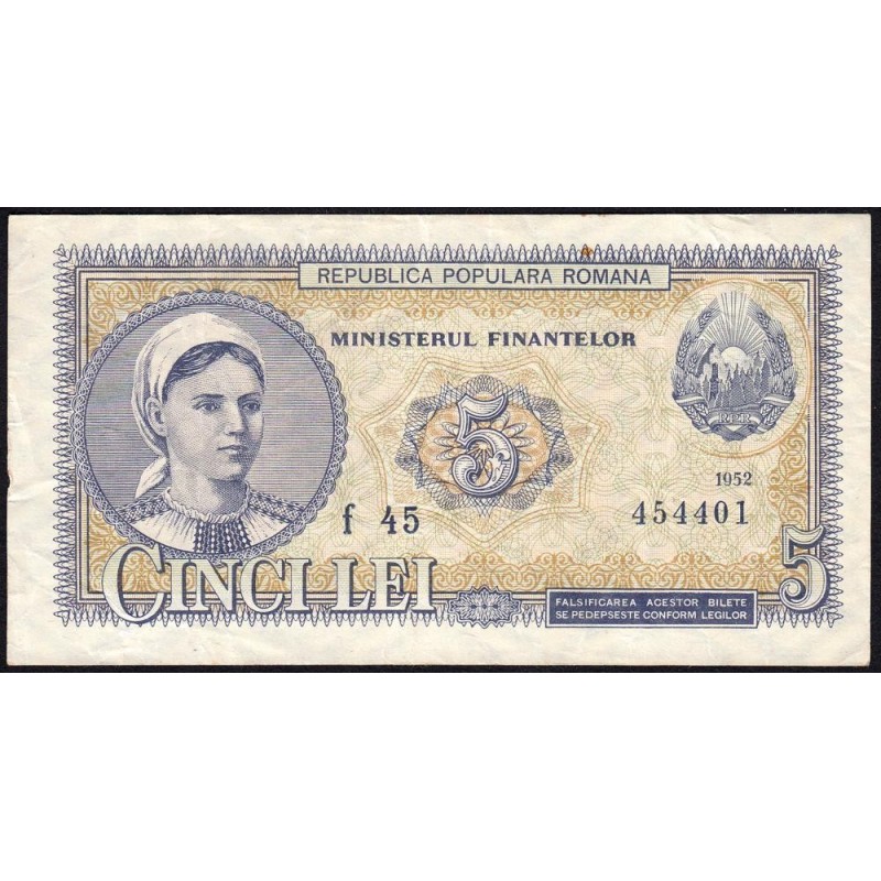 Roumanie - Pick 83b - 5 lei - Série f 45 - 1952 - Etat : TB+