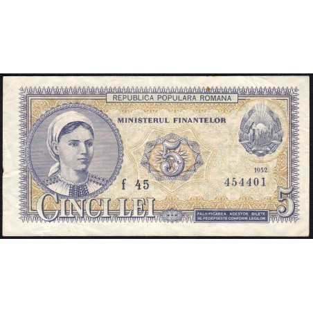 Roumanie - Pick 83b - 5 lei - Série f 45 - 1952 - Etat : TB+