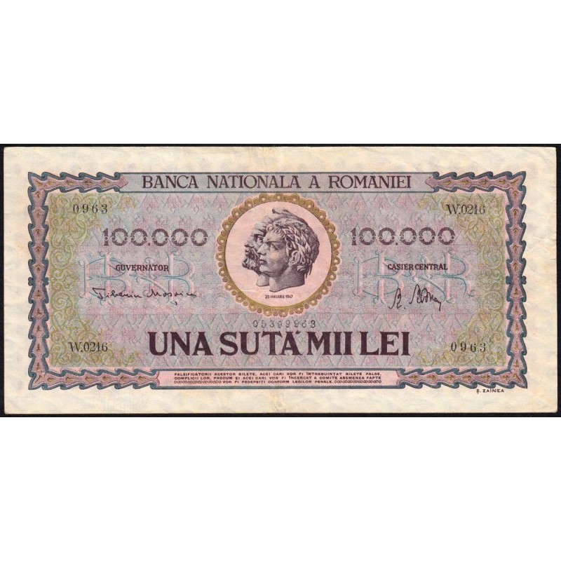 Roumanie - Pick 59a - 100'000 lei - Série W.0216 - 25/01/1947 - Etat : TB+ à TTB