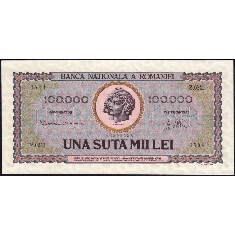 Roumanie - Pick 59a - 100'000 lei - Série Z.0240 - 25/01/1947 - Etat : pr.NEUF