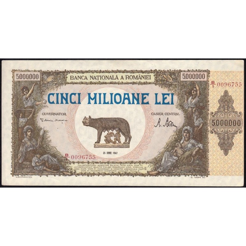 Roumanie - Pick 61a - 5'000'000 lei - Série B/1 - 25/06/1947 - Etat : SUP à SUP+
