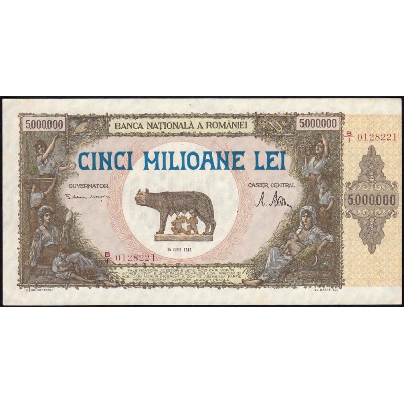Roumanie - Pick 61a - 5'000'000 lei - Série B/1 - 25/06/1947 - Etat : SPL+