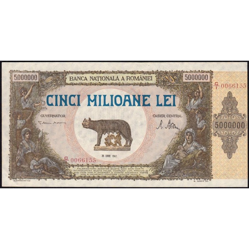 Roumanie - Pick 61a - 5'000'000 lei - Série C/1 - 25/06/1947 - Etat : SPL