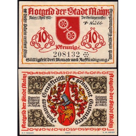 Allemagne - Notgeld - Mainz - 10 pfennig - 01/04/1921 - Etat : NEUF