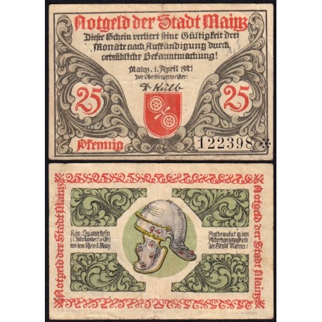 Allemagne - Notgeld - Mainz - 25 pfennig - 01/04/1921 - Etat : TB