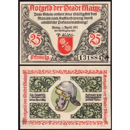 Allemagne - Notgeld - Mainz - 25 pfennig - 01/04/1921 - Etat : NEUF