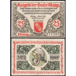 Allemagne - Notgeld - Mainz - 25 pfennig - 01/04/1921 - Etat : TTB