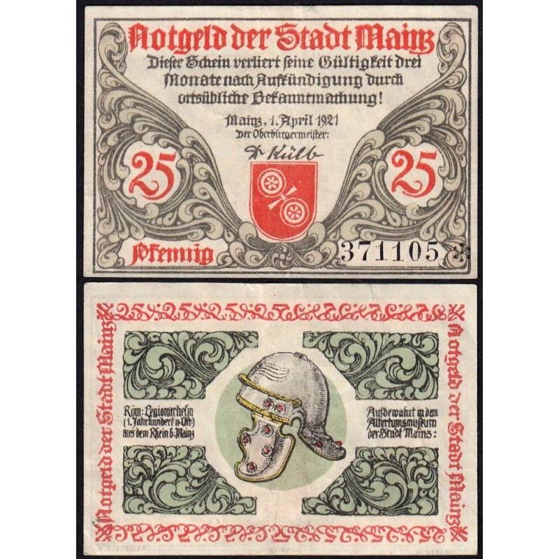 Allemagne - Notgeld - Mainz - 25 pfennig - 01/04/1921 - Etat : TTB