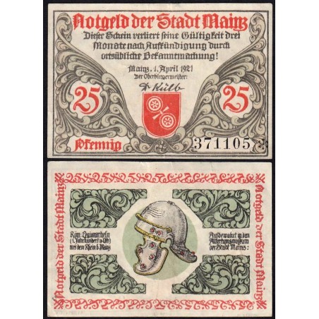 Allemagne - Notgeld - Mainz - 25 pfennig - 01/04/1921 - Etat : TTB