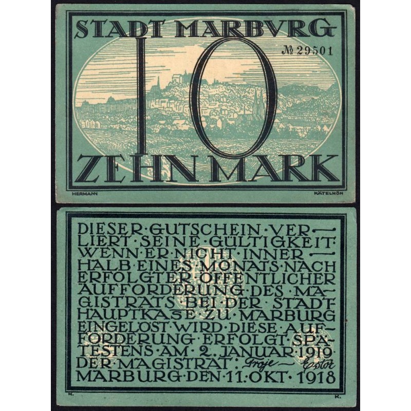 Allemagne - Notgeld - Marburg - 10 mark - 11/10/1918 - Etat : TTB+