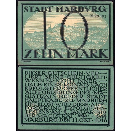 Allemagne - Notgeld - Marburg - 10 mark - 11/10/1918 - Etat : TTB+