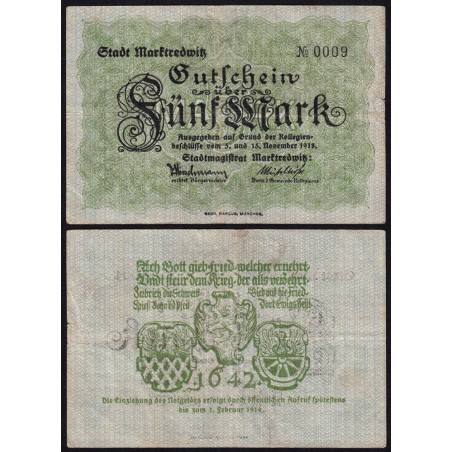 Allemagne - Notgeld - Marktredwitz - 5 mark - 15/11/1918 - Etat : TB+