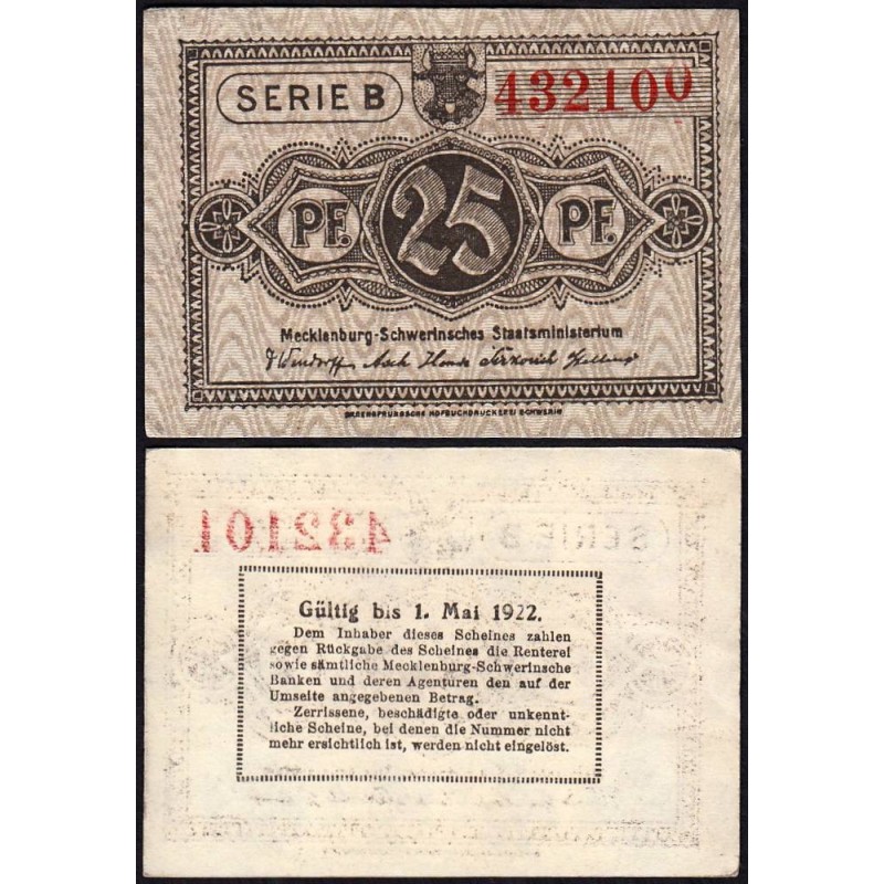 Allemagne - Notgeld - Mecklenburg-Schwerin - 25 pfennig - Série B - 1922 - Etat : SPL