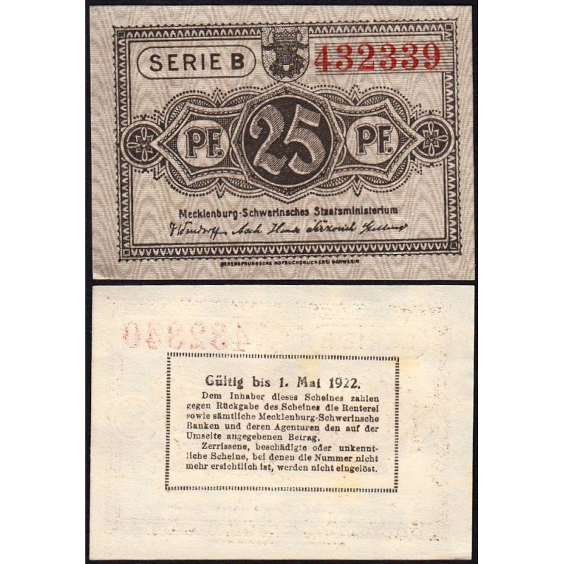Allemagne - Notgeld - Mecklenburg-Schwerin - 25 pfennig - Série B - 1922 - Etat : NEUF