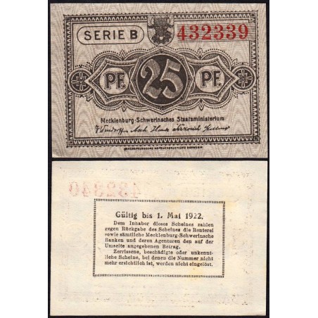 Allemagne - Notgeld - Mecklenburg-Schwerin - 25 pfennig - Série B - 1922 - Etat : NEUF