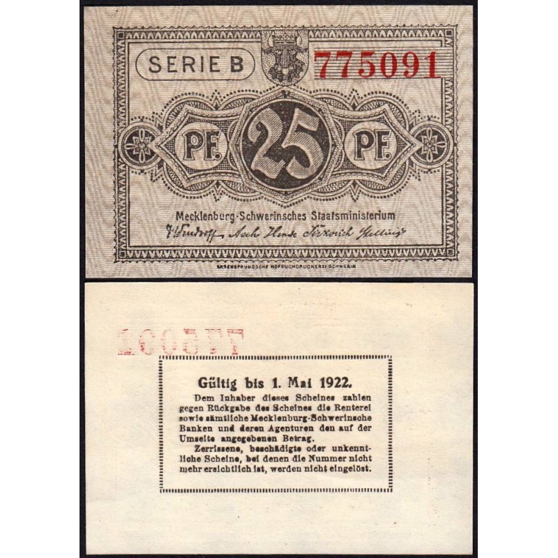 Allemagne - Notgeld - Mecklenburg-Schwerin - 25 pfennig - Série B - 1922 - Etat : SPL