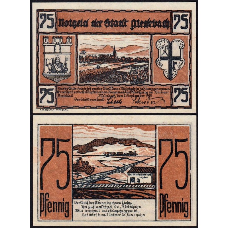 Allemagne - Notgeld - Medebach - 75 pfennig - 02/09/1921 - Etat : NEUF