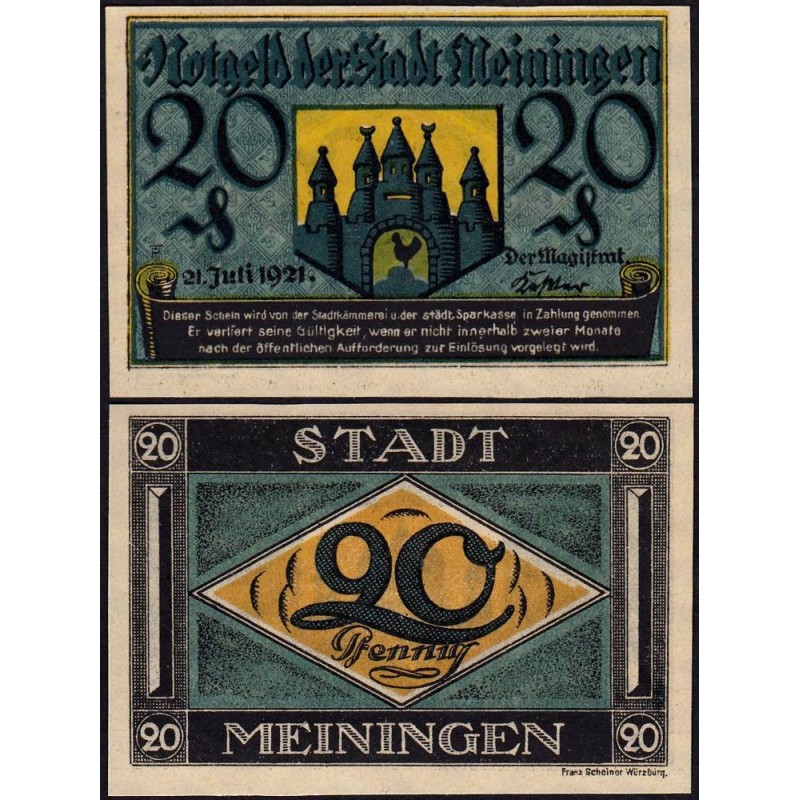 Allemagne - Notgeld - Meiningen - 20 pfennig - 21/07/1921 - Etat : NEUF