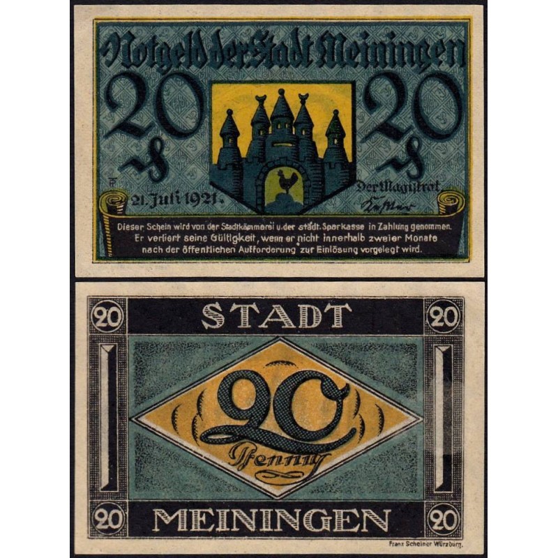 Allemagne - Notgeld - Meiningen - 20 pfennig - 21/07/1921 - Etat : pr.NEUF