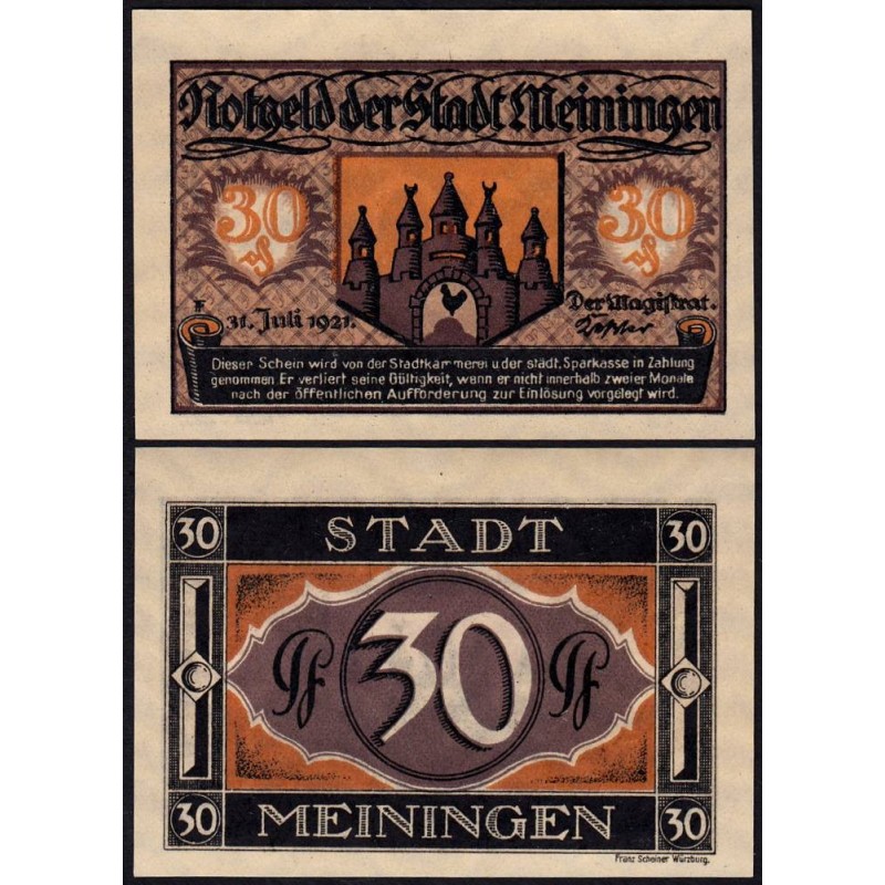 Allemagne - Notgeld - Meiningen - 30 pfennig - 31/07/1921 - Etat : NEUF