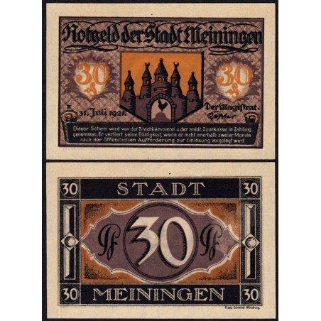 Allemagne - Notgeld - Meiningen - 30 pfennig - 31/07/1921 - Etat : SPL+